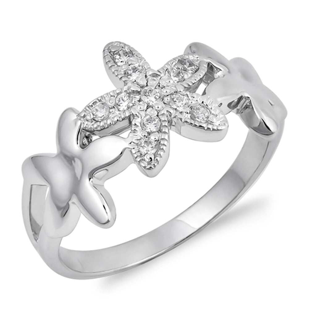 White CZ Starfish Plumeria Flower Ring New .925 Sterling Silver Band Sizes 5-9