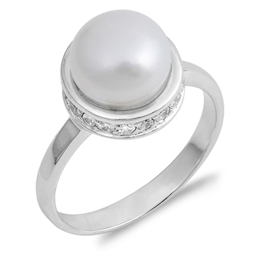 Clear CZ Freshwater Pearl Lifted Halo Ring .925 Sterling Silver Band Sizes 5-9