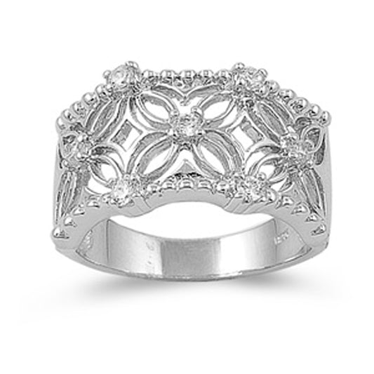 White CZ Filigree Flower Sparkle Ring New .925 Sterling Silver Band Sizes 6-9