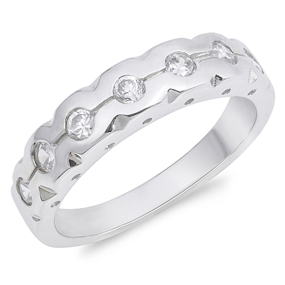 Clear CZ Round Bezel Stackable Wedding Ring .925 Sterling Silver Band Sizes 5-9