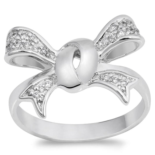 White CZ Wide Ribbon Bow Gift Knot Ring New .925 Sterling Silver Band Sizes 6-9