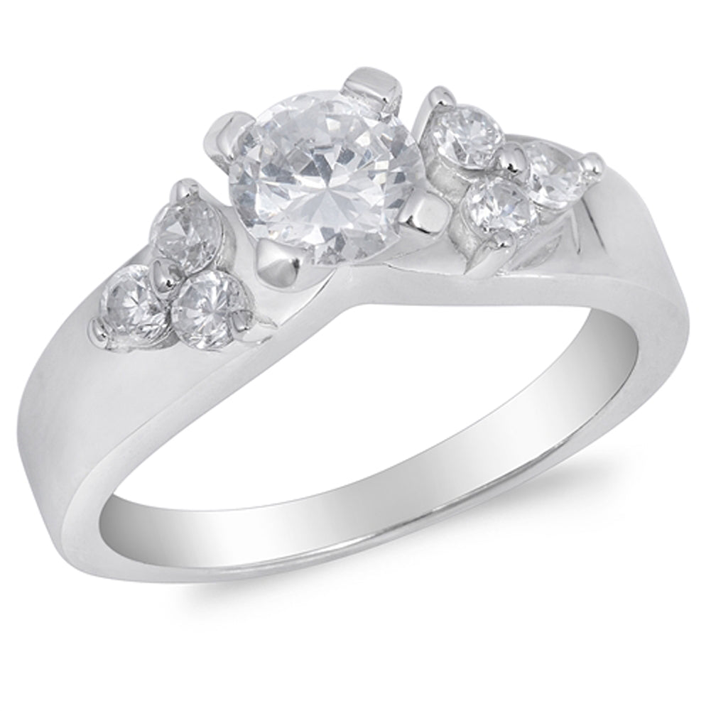 Round Clear CZ Triple Cluster Bridal Ring .925 Sterling Silver Band Sizes 5-9