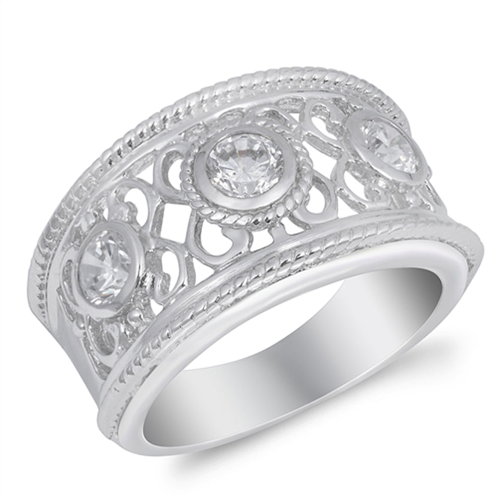 Round Bezel Clear CZ Filigree Vintage Ring .925 Sterling Silver Band Sizes 5-9