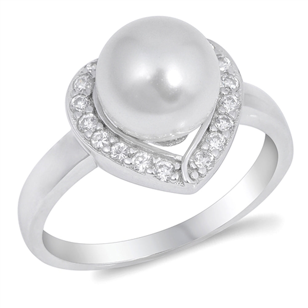 Clear CZ Freshwater Pearl Heart Promise Ring 925 Sterling Silver Band Sizes 5-9