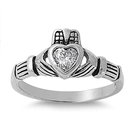 White CZ Claddagh Heart Promise Ring New .925 Sterling Silver Band Sizes 4-9