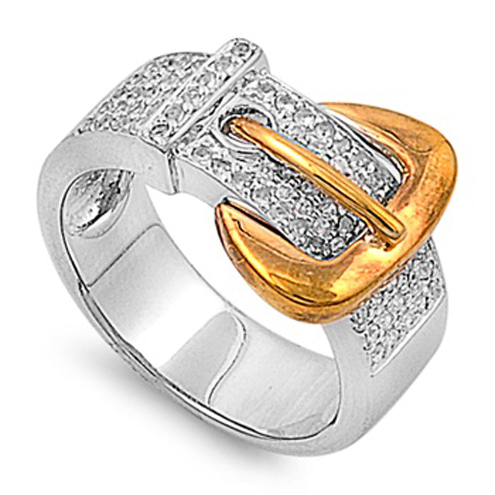 Micro Pave White CZ Gold-Tone Belt Buckle Ring Sterling Silver Band Sizes 5-10