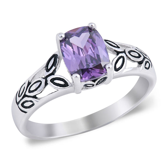 Amethyst CZ Leaf Contrast Simple Ring New .925 Sterling Silver Band Sizes 5-10