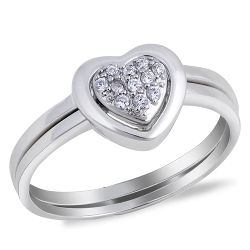 Clear CZ Heart Love Friendship Ring Set New .925 Sterling Silver Band Sizes 5-9