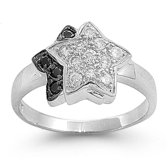 Clear CZ Black White Star Friendship Ring .925 Sterling Silver Band Sizes 5-9