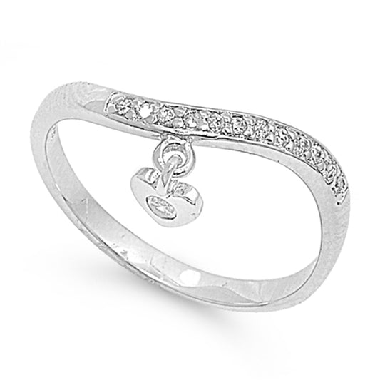 White CZ Waved Heart Hanging Polished Ring .925 Sterling Silver Band Sizes 5-9