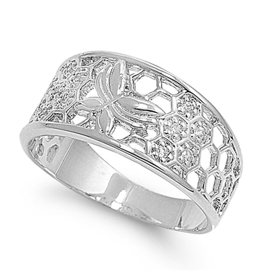 Clear CZ Honeycomb Butterfly Nature Ring New 925 Sterling Silver Band Sizes 6-9