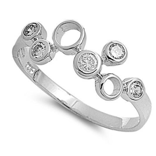 White CZ Retro Circles Polished Ring New .925 Sterling Silver Band Sizes 4-9
