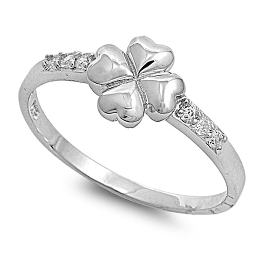 White CZ Four Leaf Heart Clover Polished Luck Ring 925 Sterling Silver Band Sizes 4-10