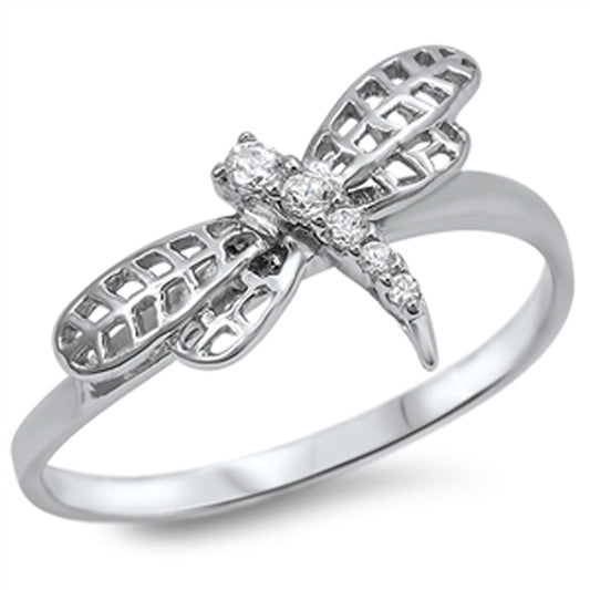 Clear CZ Dragonfly Animal Cutout Ring New .925 Sterling Silver Band Sizes 4-10