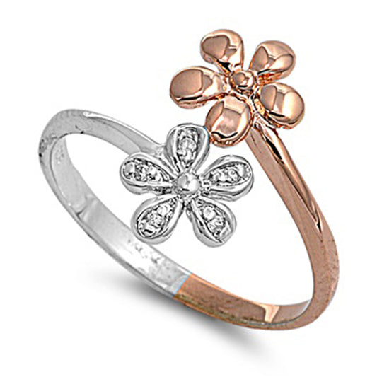 White CZ Two Tone Flower Plumeria Wrap Ring .925 Sterling Silver Band Sizes 5-9