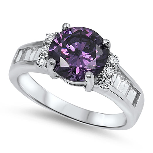 Amethyst CZ Round Solitaire Polished Ring .925 Sterling Silver Band Sizes 5-10