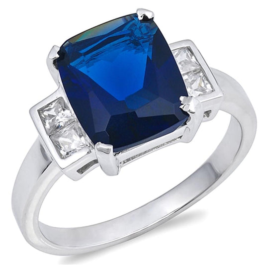 Blue Sapphire CZ Large Rectangle Cocktail Ring Sterling Silver Band Sizes 5-10