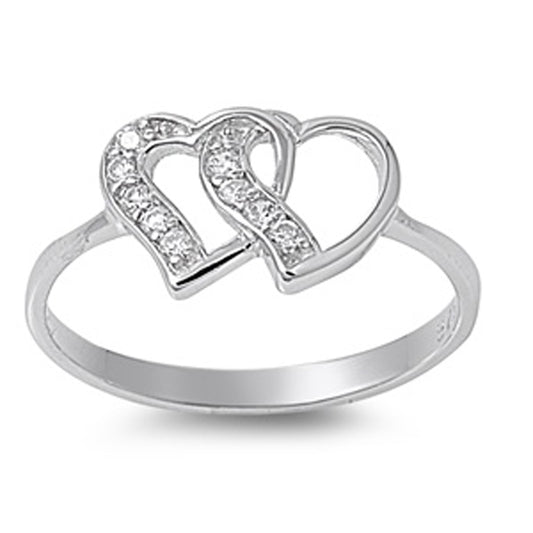 White CZ Double Heart Cutout Polished Ring .925 Sterling Silver Band Sizes 4-10