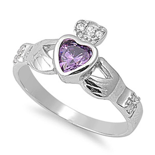 Amethyst CZ Claddagh Heart Love Friendship Ring Sterling Silver Band Sizes 4-9