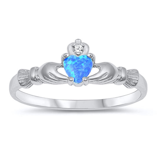 White CZ Blue Lab Opal Claddagh Heart Ring .925 Sterling Silver Sizes 3-10