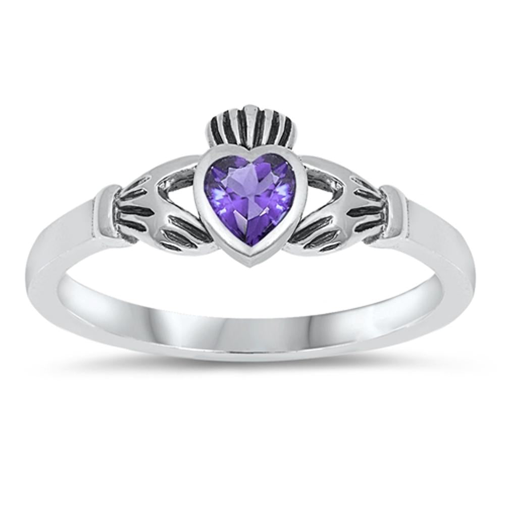 Sterling Silver Claddagh Ring Amethyst CZ Traditional Irish Knot Band Sizes 1-9