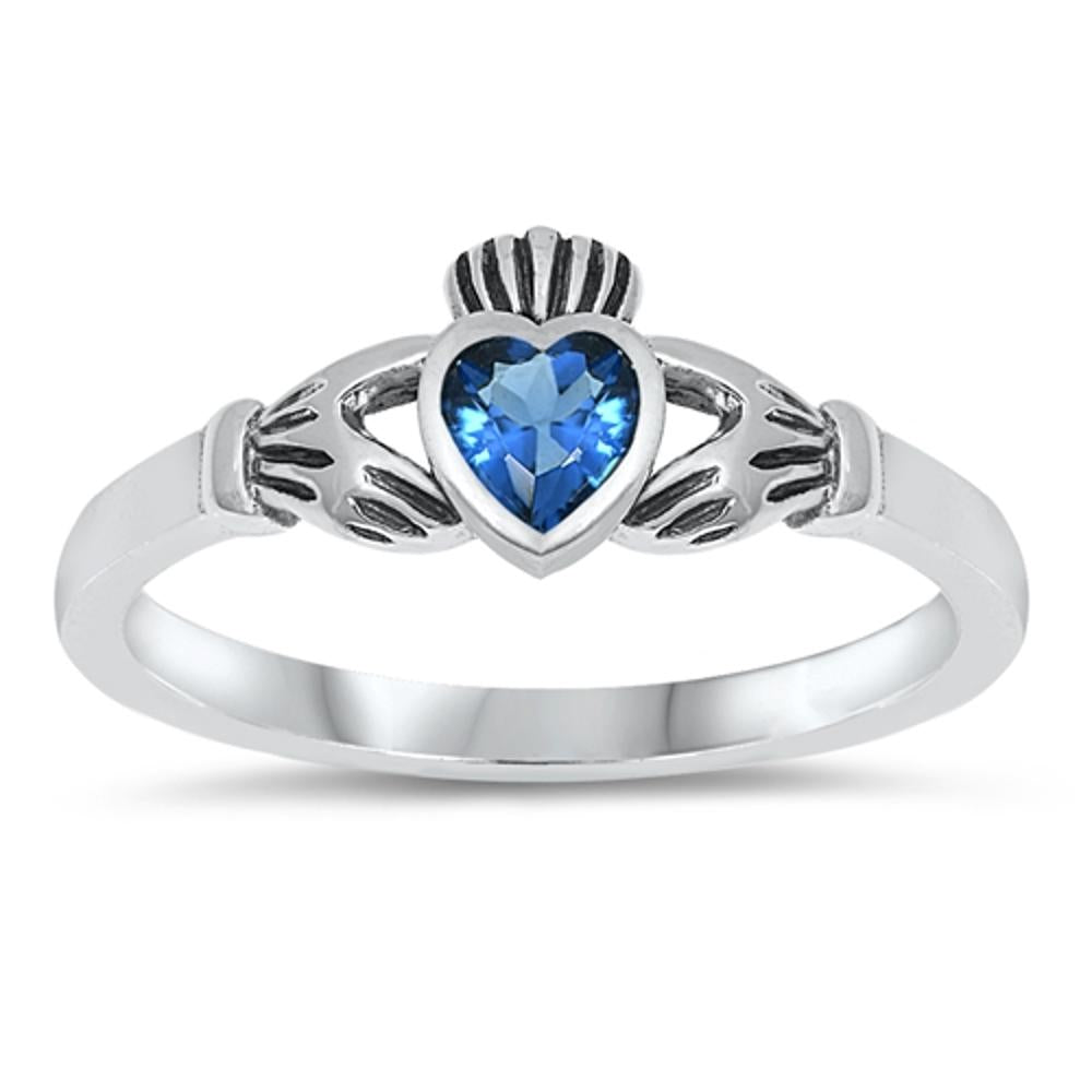 Blue Sapphire CZ Claddagh Heart Love Ring .925 Sterling Silver Band Sizes 1-9
