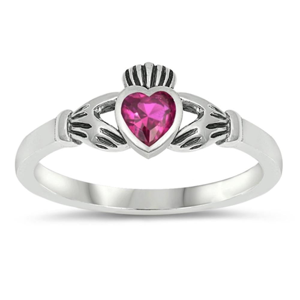 Sterling Silver Claddagh Ring Ruby CZ Traditional Irish Knot Band 925 Sizes 1-9