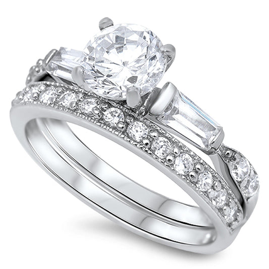 Clear CZ Solitaire Engagement Ring Set .925 Sterling Silver Cute Band Sizes 5-10