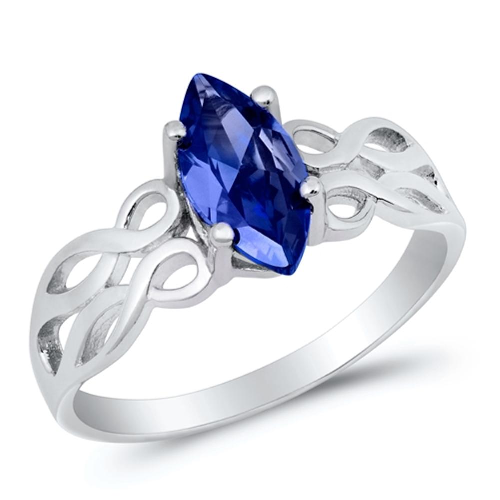 Blue Sapphire CZ Celtic Knotwork Marquise Ring Sterling Silver Band Sizes 5-10