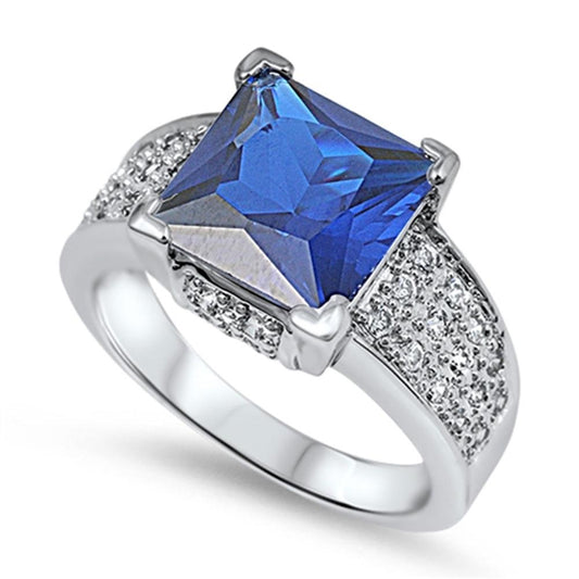 Blue Sapphire CZ Square Solitaire Sparkle Ring Sterling Silver Band Sizes 6-10