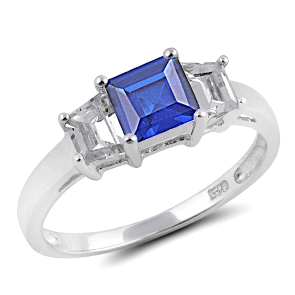 Blue Sapphire CZ Square Solitaire Ring New .925 Sterling Silver Band Sizes 5-9