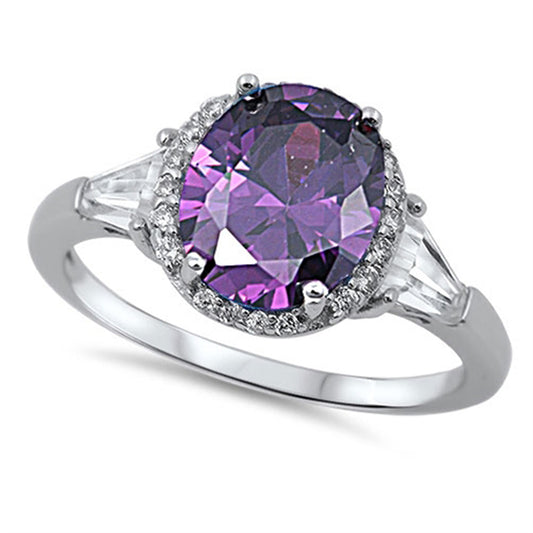 Amethyst CZ Polished Solitaire Oval Ring New 925 Sterling Silver Band Sizes 5-10