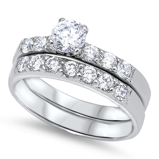 White CZ Elegant Polished Wedding Ring Set .925 Sterling Silver Band Sizes 5-9