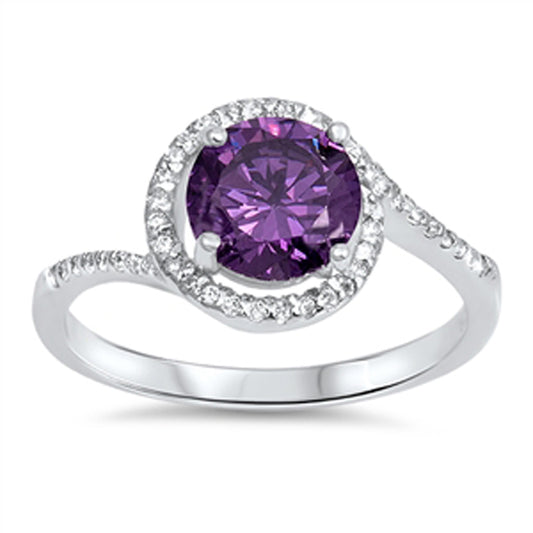 Amethyst CZ Polished Halo Solitaire Ring New 925 Sterling Silver Band Sizes 5-10