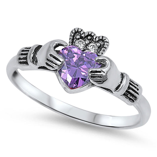 Amethyst CZ Unique Claddagh Heart Promise Ring Sterling Silver Band Sizes 5-10