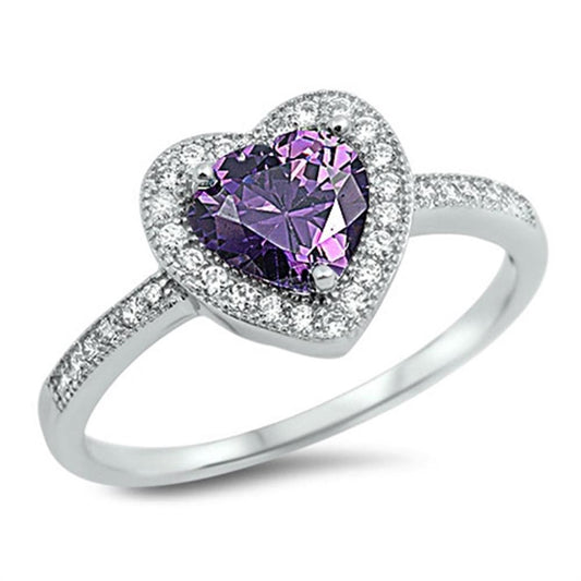 Amethyst CZ Heart Solitaire Love Ring New .925 Sterling Silver Band Sizes 4-10