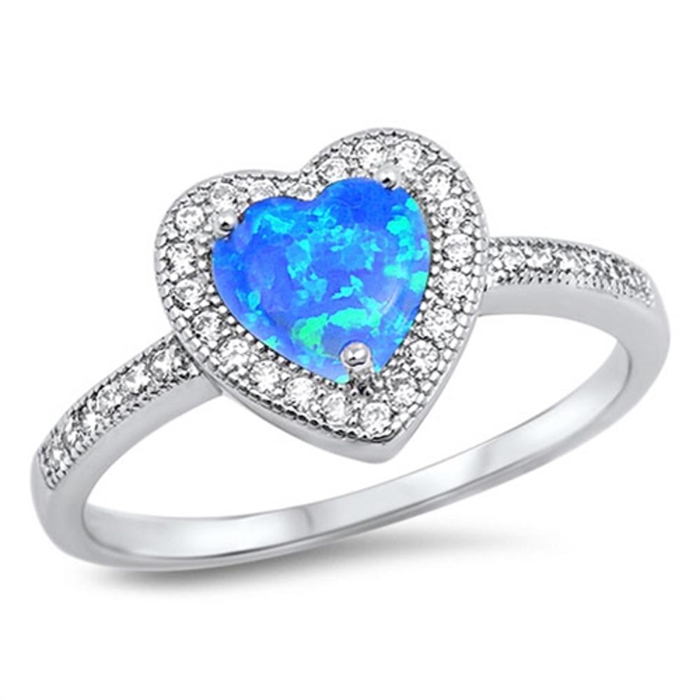 Heart Blue Lab Opal Halo Clear CZ Promise Ring .925 Sterling Silver Sizes 4-10