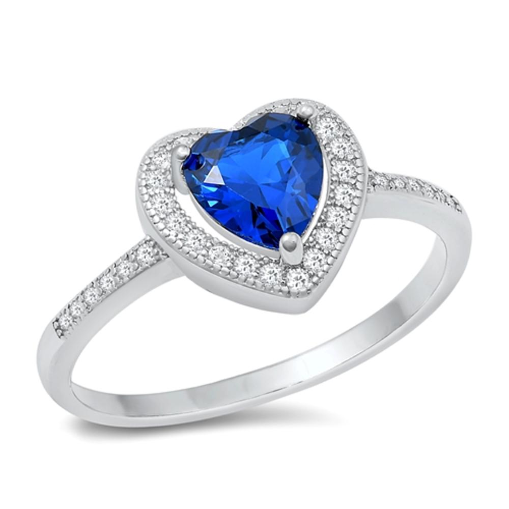 Blue Sapphire CZ Halo Heart Polished Ring .925 Sterling Silver Band Sizes 5-10