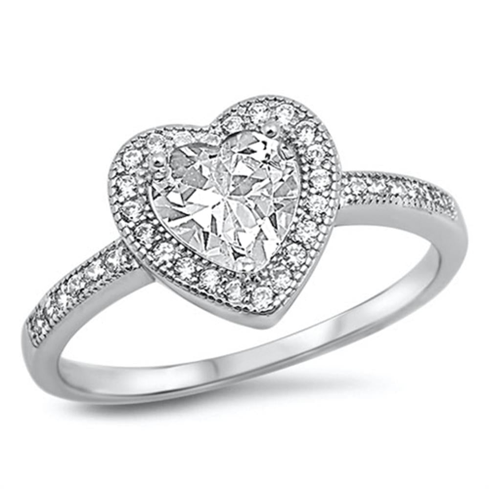 Sterling Silver Woman's Clear Heart CZ Ring Fashion 925 Band 10mm Sizes 4-10