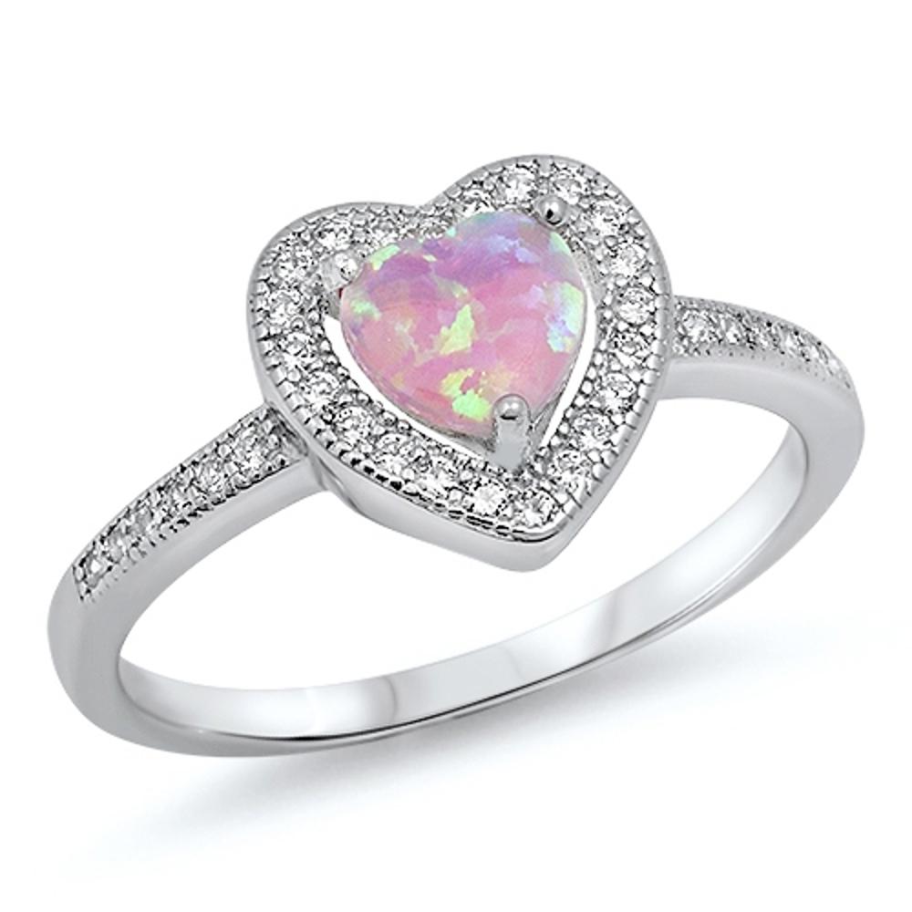Pink Lab Opal Cute Heart Halo Love Ring New .925 Sterling Silver Band Sizes 4-12