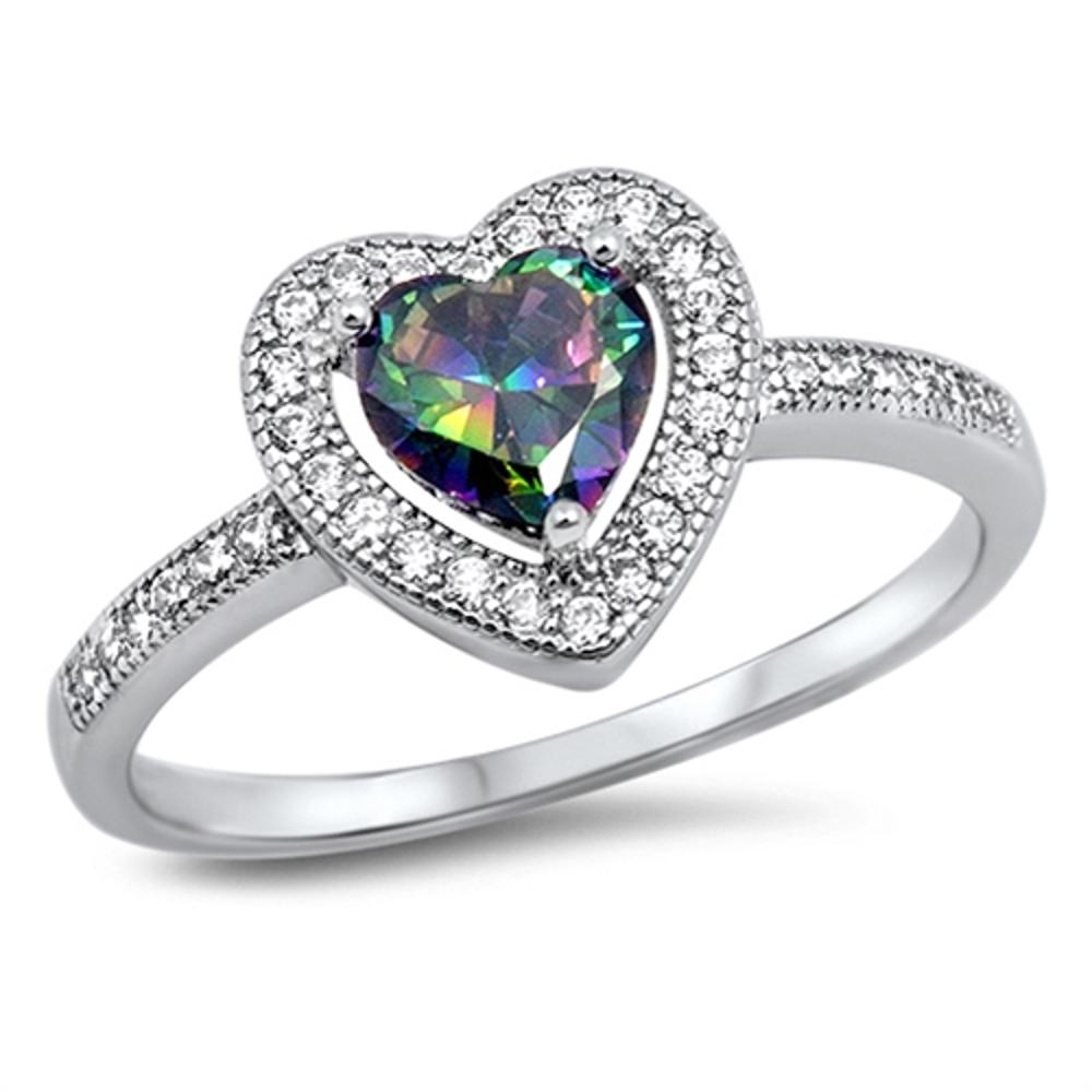 Rainbow Topaz CZ Heart Love Polished Ring .925 Sterling Silver Band Sizes 5-10