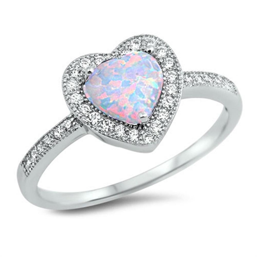 Heart White Lab Opal Halo Clear CZ Promise Ring .925 Sterling Silver Sizes 4-12