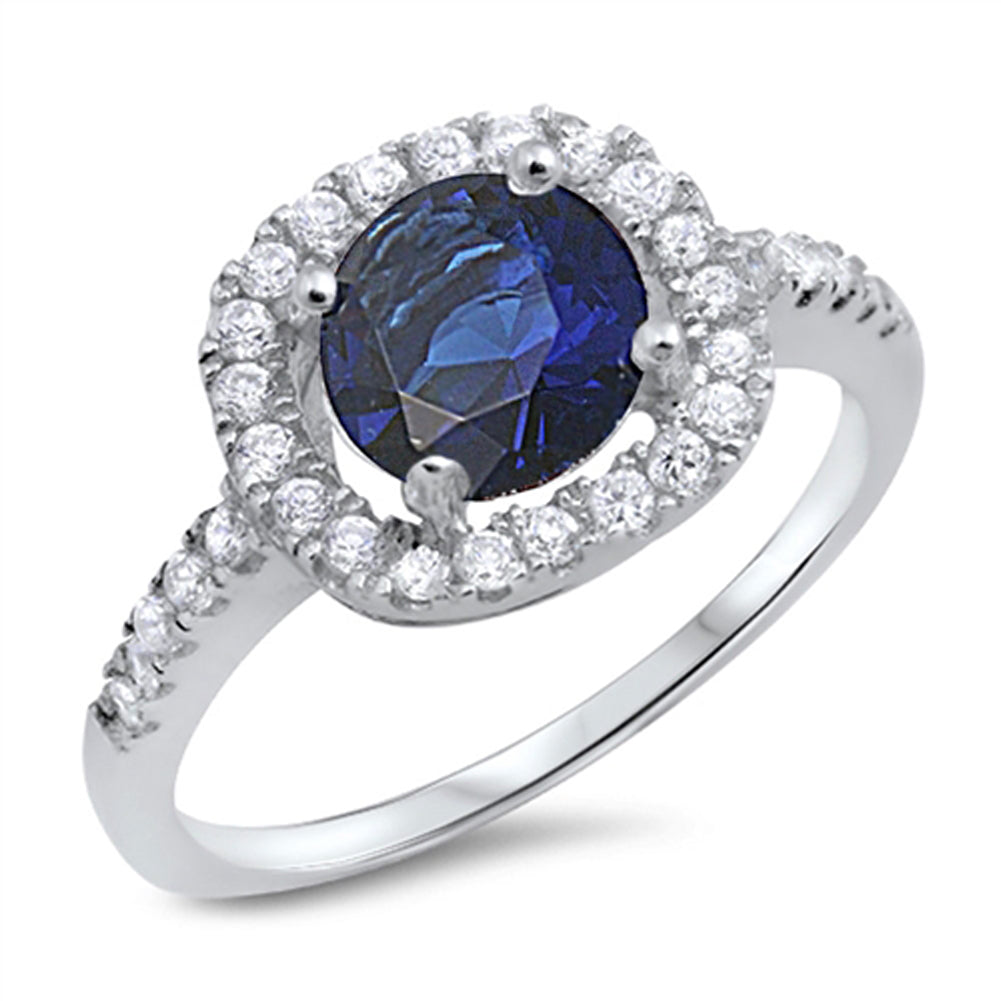 Blue Sapphire CZ Elegant Solitaire Halo Ring 925 Sterling Silver Band Sizes 5-10