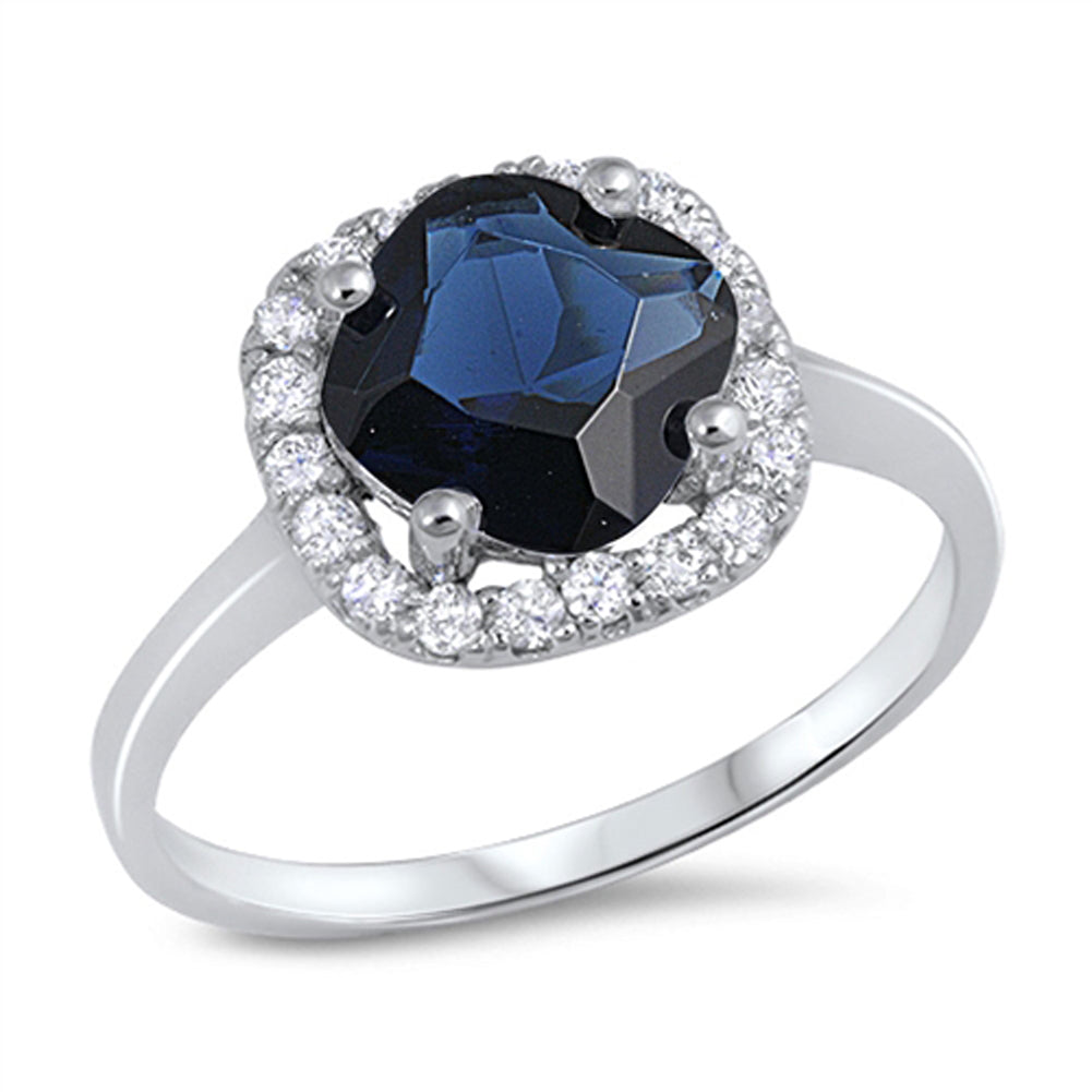 Blue Sapphire CZ Polished Halo Elegant Ring .925 Sterling Silver Band Sizes 5-10