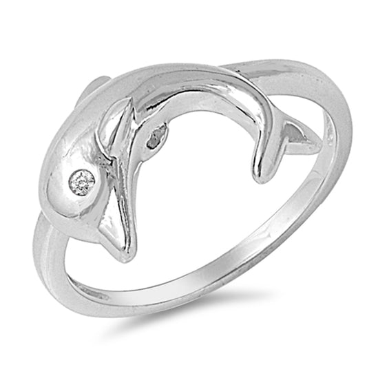 Clear CZ Polished Dolphin Animal Cute Ring .925 Sterling Silver Band Sizes 5-10