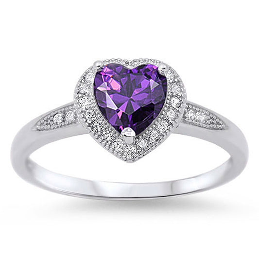 Women's Heart Amethyst CZ Halo Promise Ring .925 Sterling Silver Band Sizes 4-10
