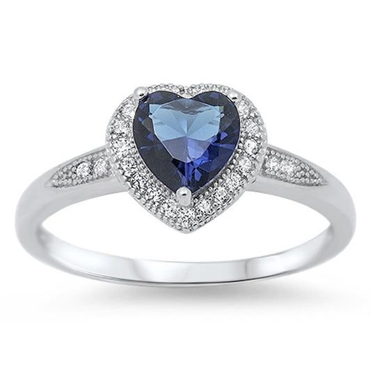 Women's Heart Blue Sapphire CZ Halo Ring New 925 Sterling Silver Band Sizes 4-10