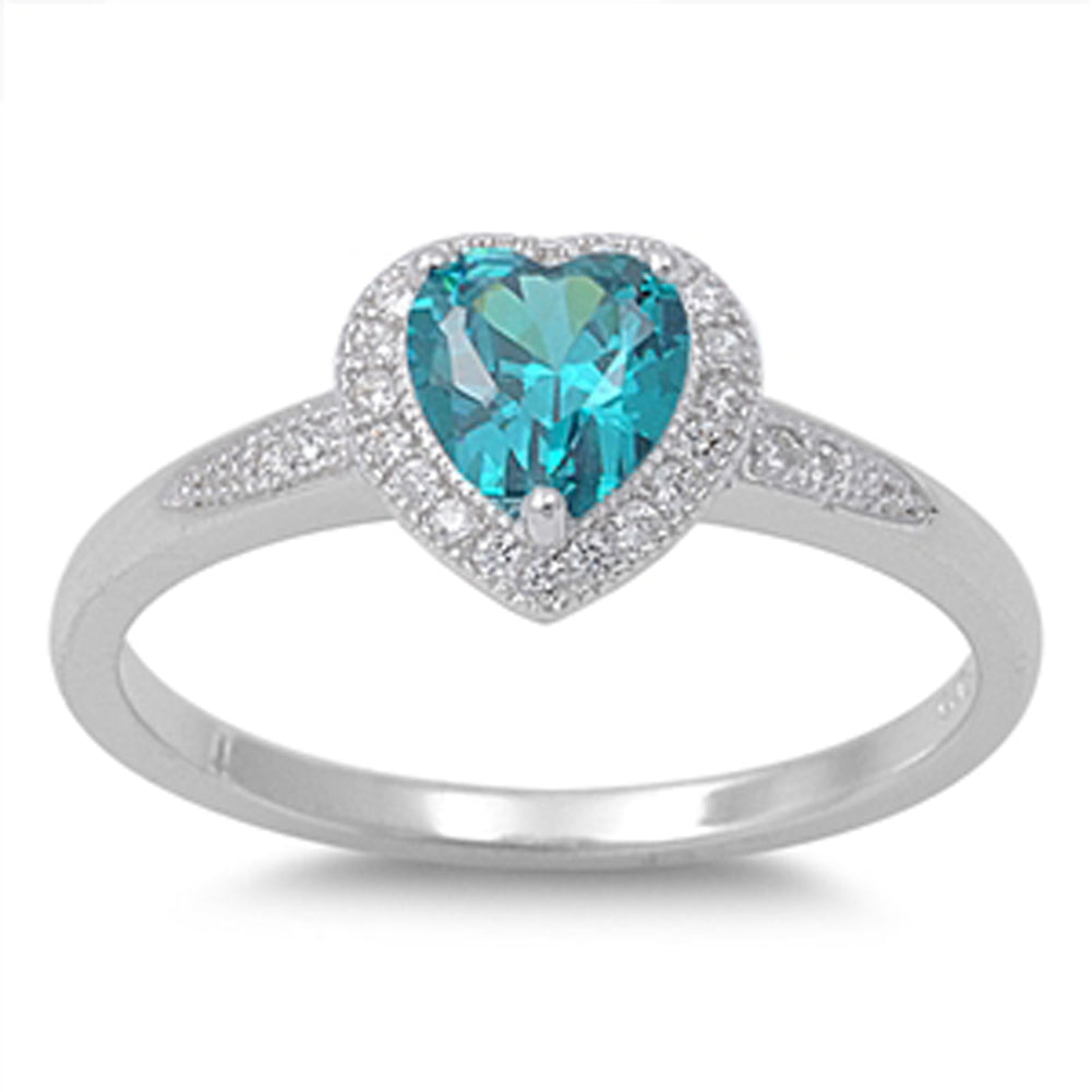Sterling Silver Woman's Aquamarine Heart CZ Ring Wholesale Band 8mm Sizes 4-10