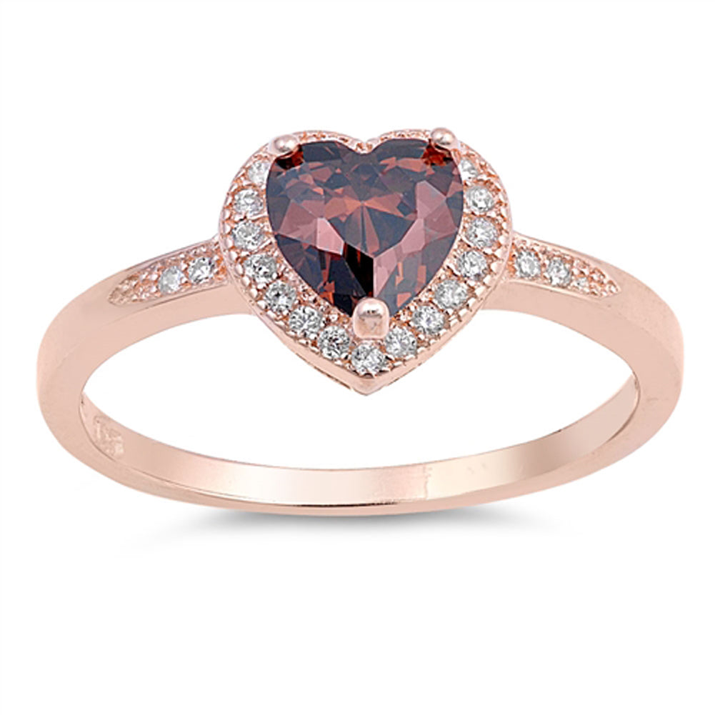 Rose Gold-Tone Champagne CZ Heart Promise Ring Sterling Silver Band Sizes 4-10