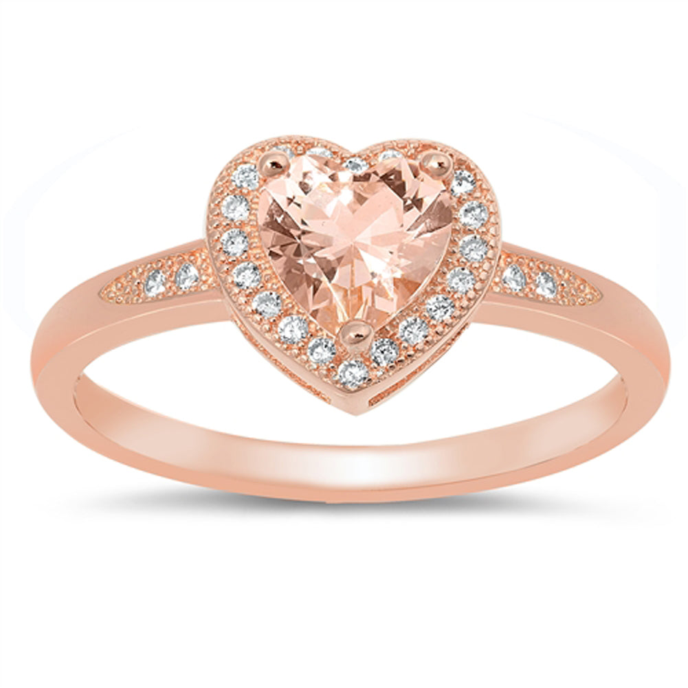 Heart Champagne CZ Polished Love Halo Ring .925 Sterling Silver Band Sizes 4-10